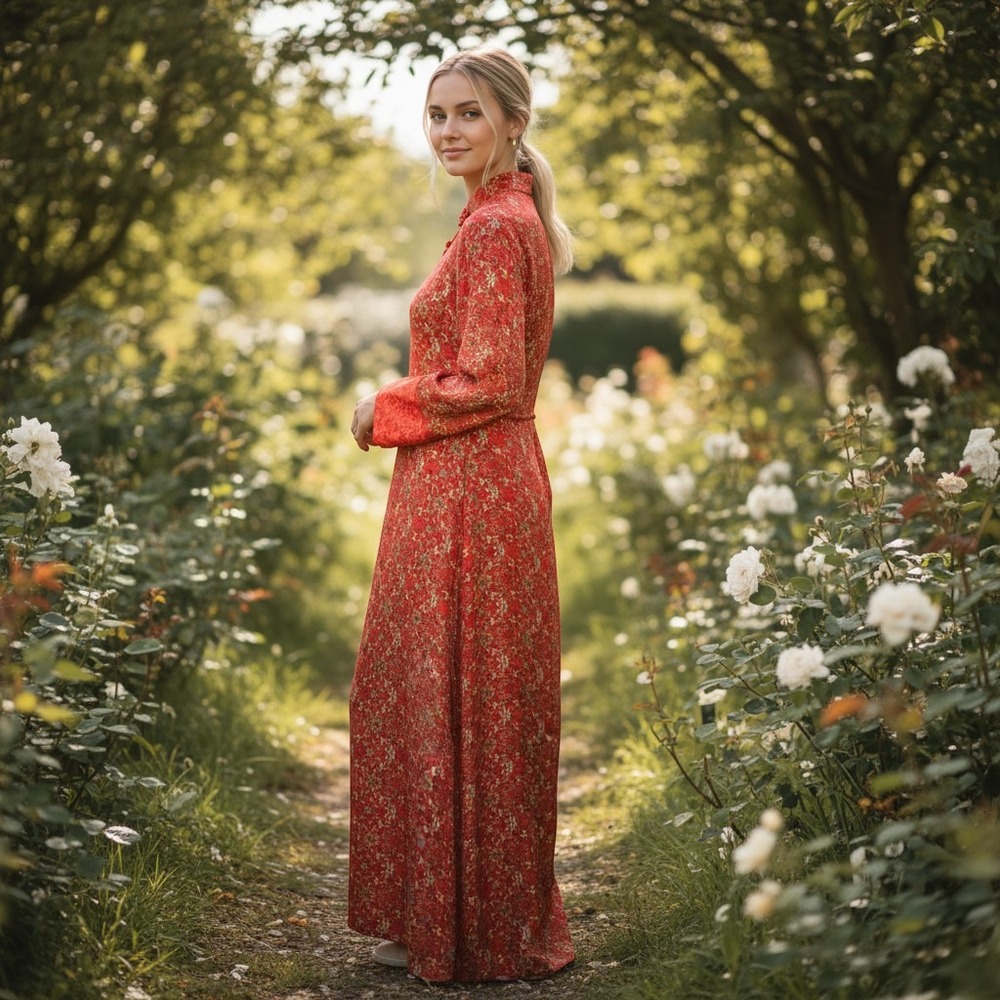 Natori Red Floral Paisley‎ Mandarin Collar Long Robe Q82010C Small P/S